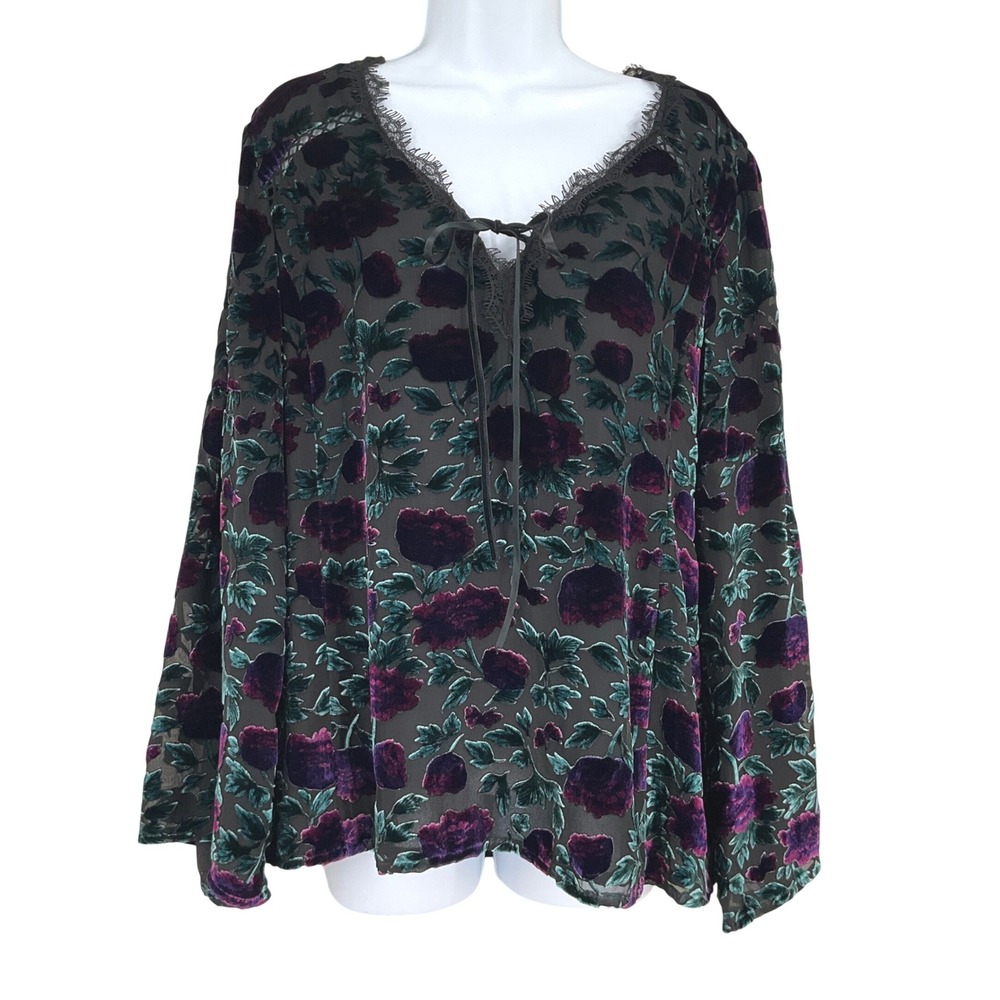 Nanette Lepore Blouse Women 12 Black Silk Blend Floral Burnout Velvet Lace Boho